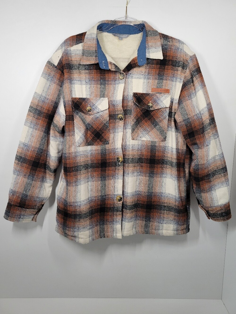 Soft Surroundings Dealto Brown Plaid Fleece Lined Button Up Jacket Women Size M